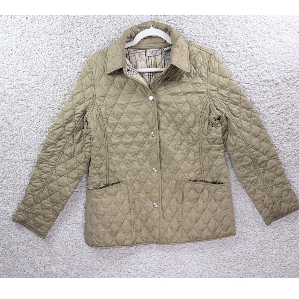L.L. Bean Quilted Barn Jacket Women Small Tan Good Plaid Lined Snap Front 0GCX8 - Picture 2 of 12